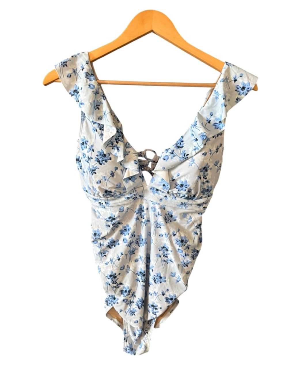 A Pea in the Pod White and Blue Floral Ruffle One-Piece Swimsuit